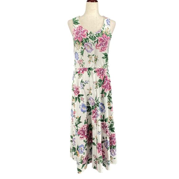 Allison Gray Dresses & Skirts - Vtg Bohemian Romantic Floral Coquette Button‎ Down Midi Dress 8 White Pink